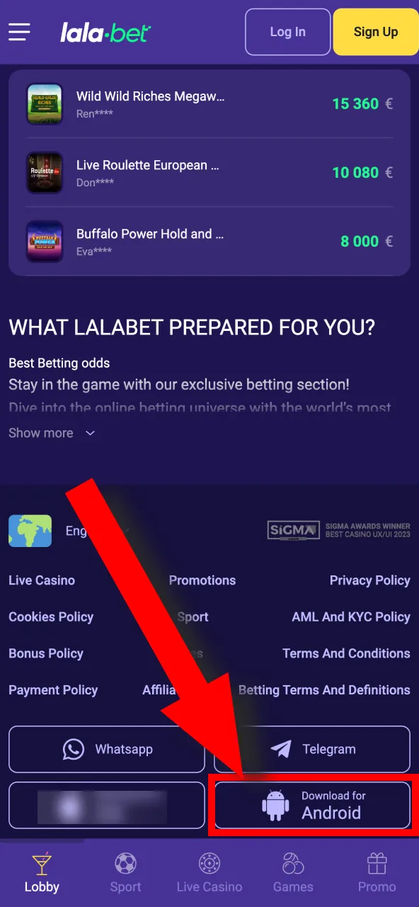 Scroll to the bottom of Lalabet's website on your mobile to download the Android app.
