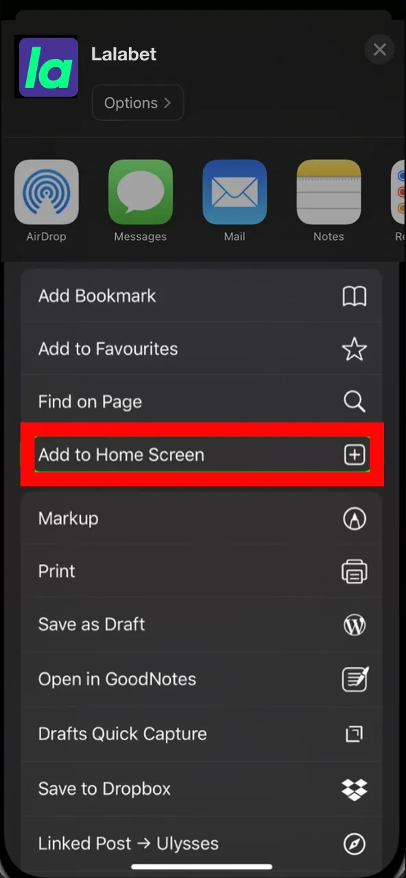 Save Lalabet's website by selecting 'Add to Home Screen' in the Safari browser.