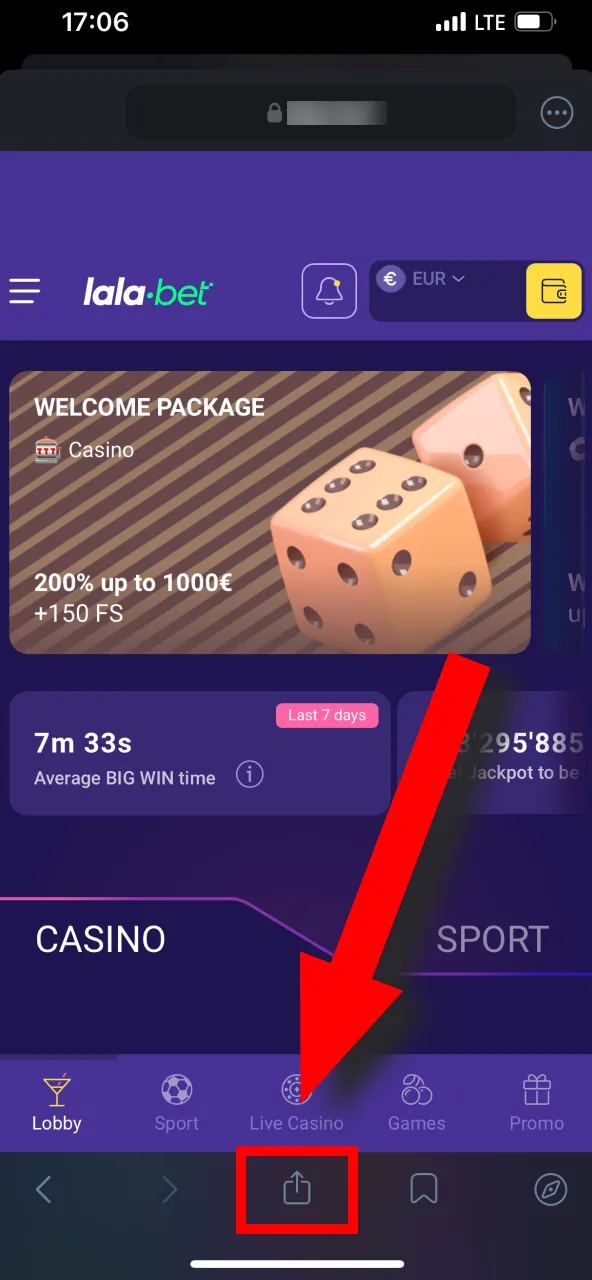 Locate Lalabet's 'Share' button at the bottom and click it.