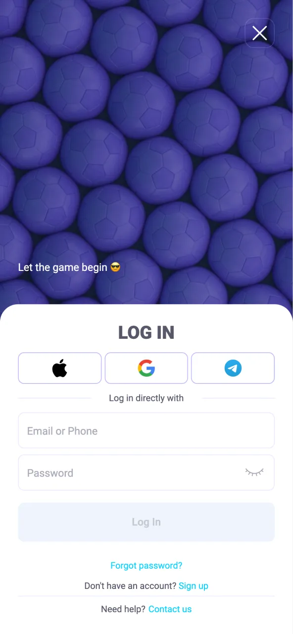 Login page of the Lalabet app with fields for credentials and quick sign-in options.