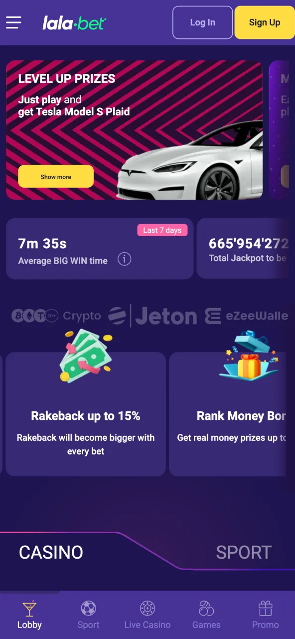 Lalabet home screen: navigate through games, bets, and your account options.