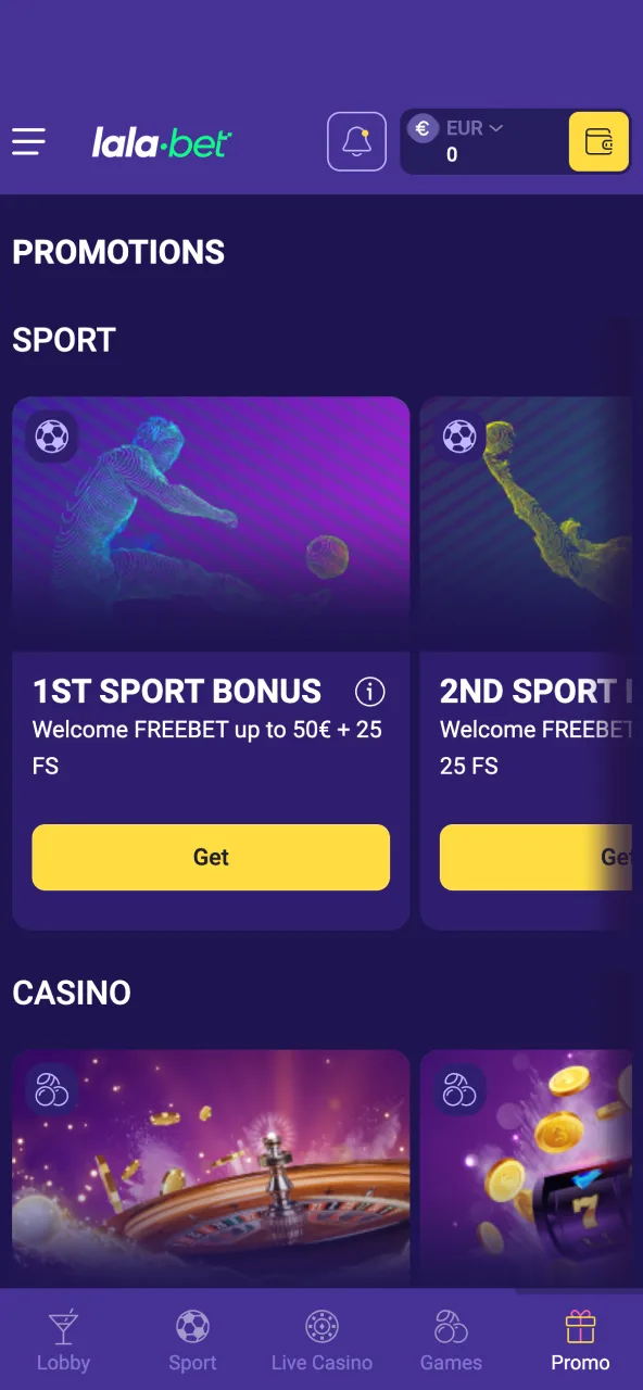Check Lalabet's 'Promotions' category to choose the best welcome bonus.