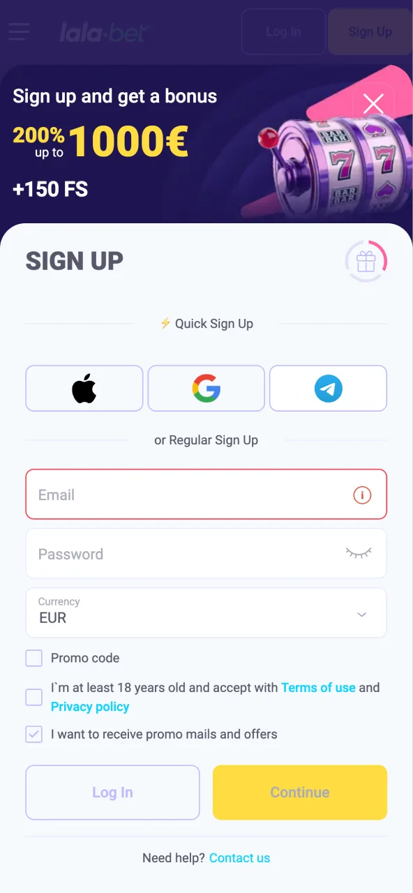 Register on Lalabet via social networks, email, or phone number with a password.