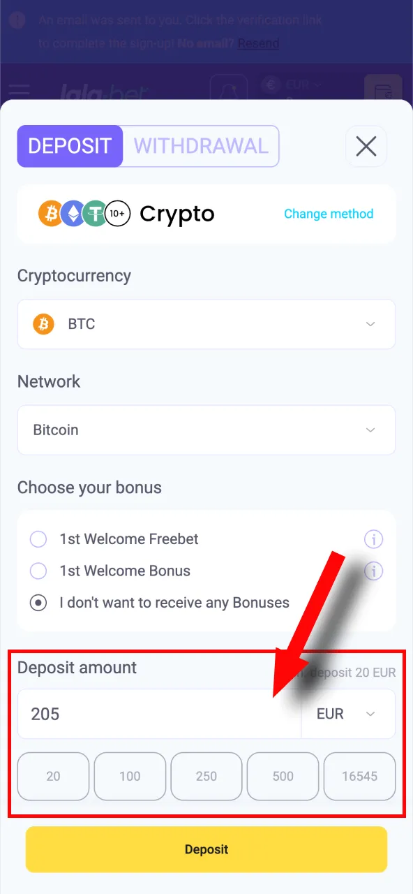Specify your bonus preference and enter the Lalabet deposit amount in your currency.