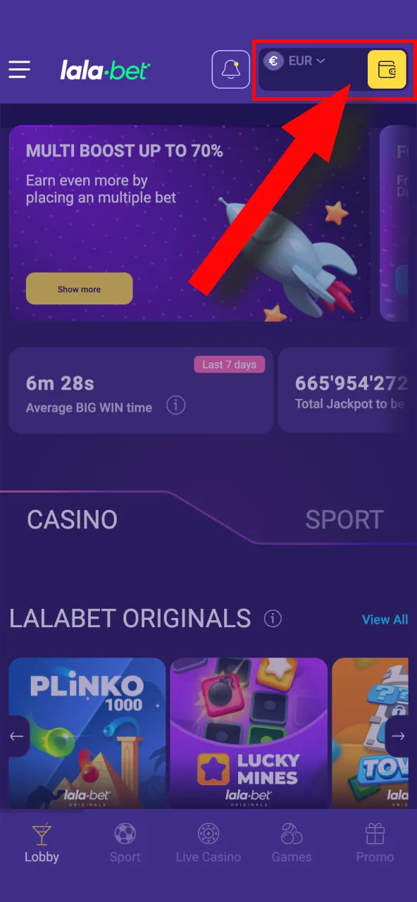 Click Lalabet's yellow wallet icon to access the deposit online cashier.