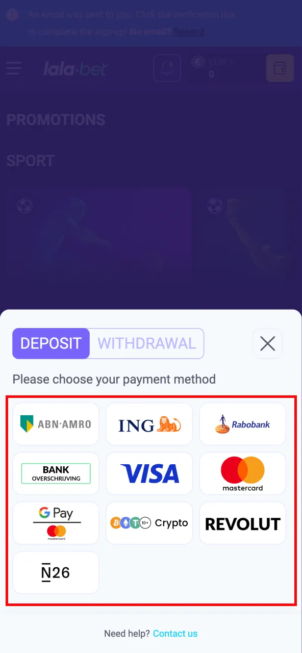 Choose a cryptocurrency and network on Lalabet for a seamless deposit.