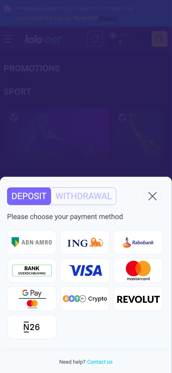 Choose a payment method and follow instructions to fund your Lalabet account.