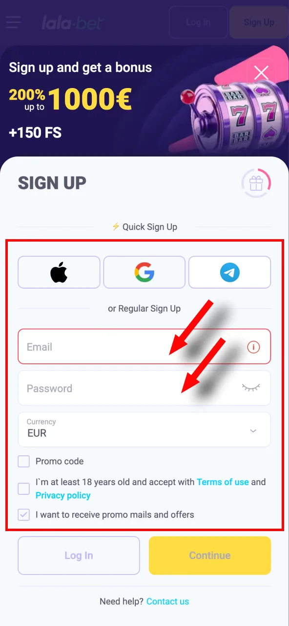 Provide required details like email, password, and phone number for Lalabet registration.
