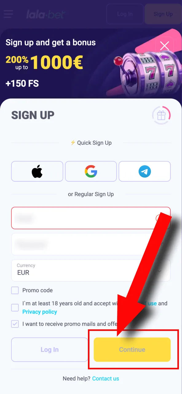 Finalize Lalabet account creation by clicking the 'Confirm' button.