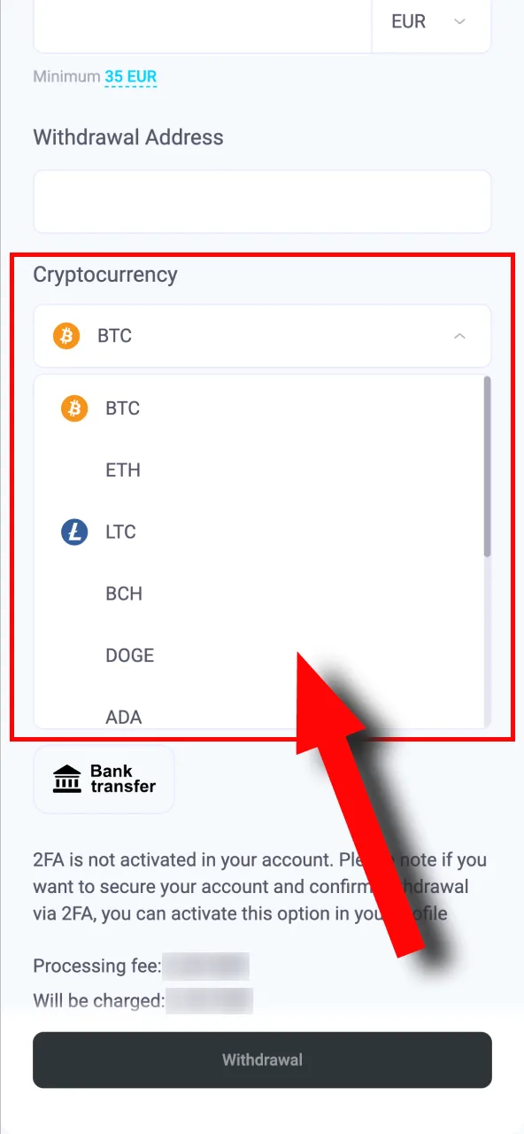 Select a convenient cryptocurrency withdrawal option from Lalabet's list of methods.