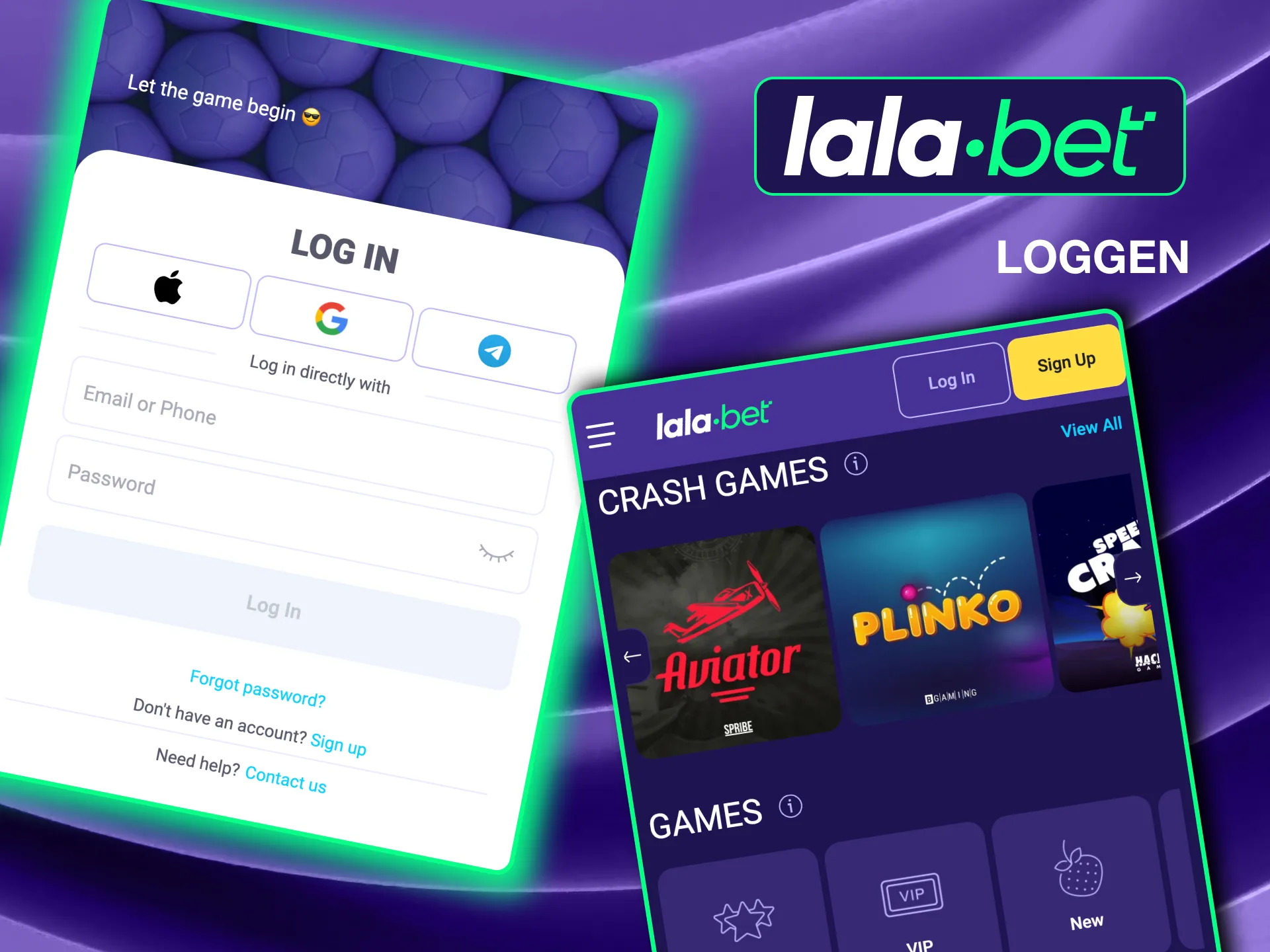 Log in to your Lalabet account easily by entering details or using social media in the app.