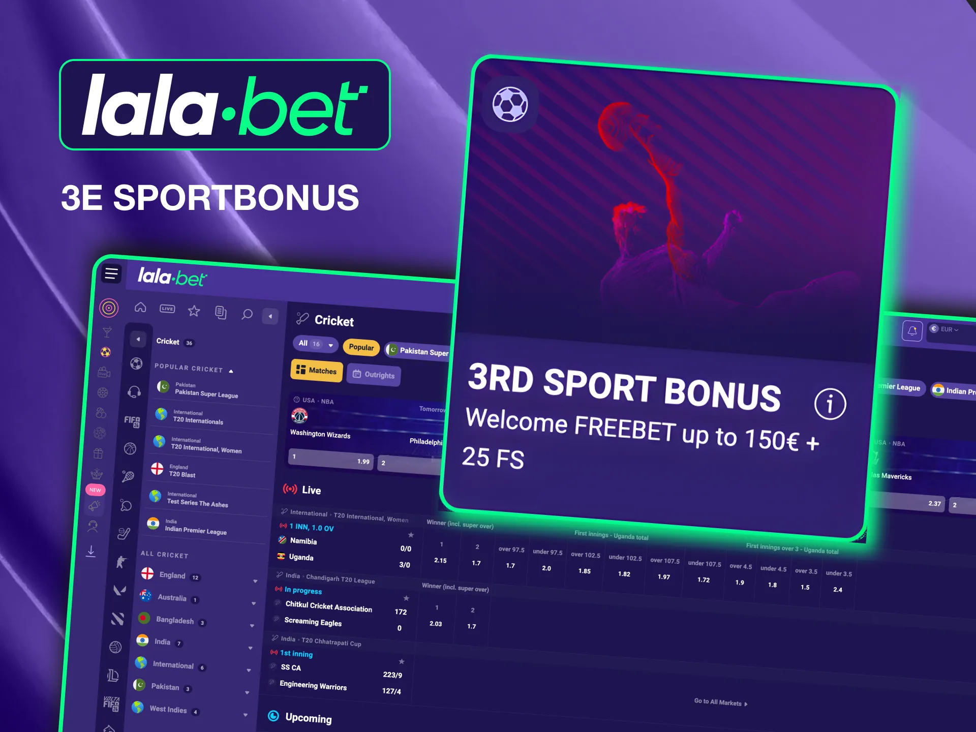 Enjoy Lalabet’s third bonus for betting: 50% free bet, 25 FS, and a 7-day bonus lifetime.