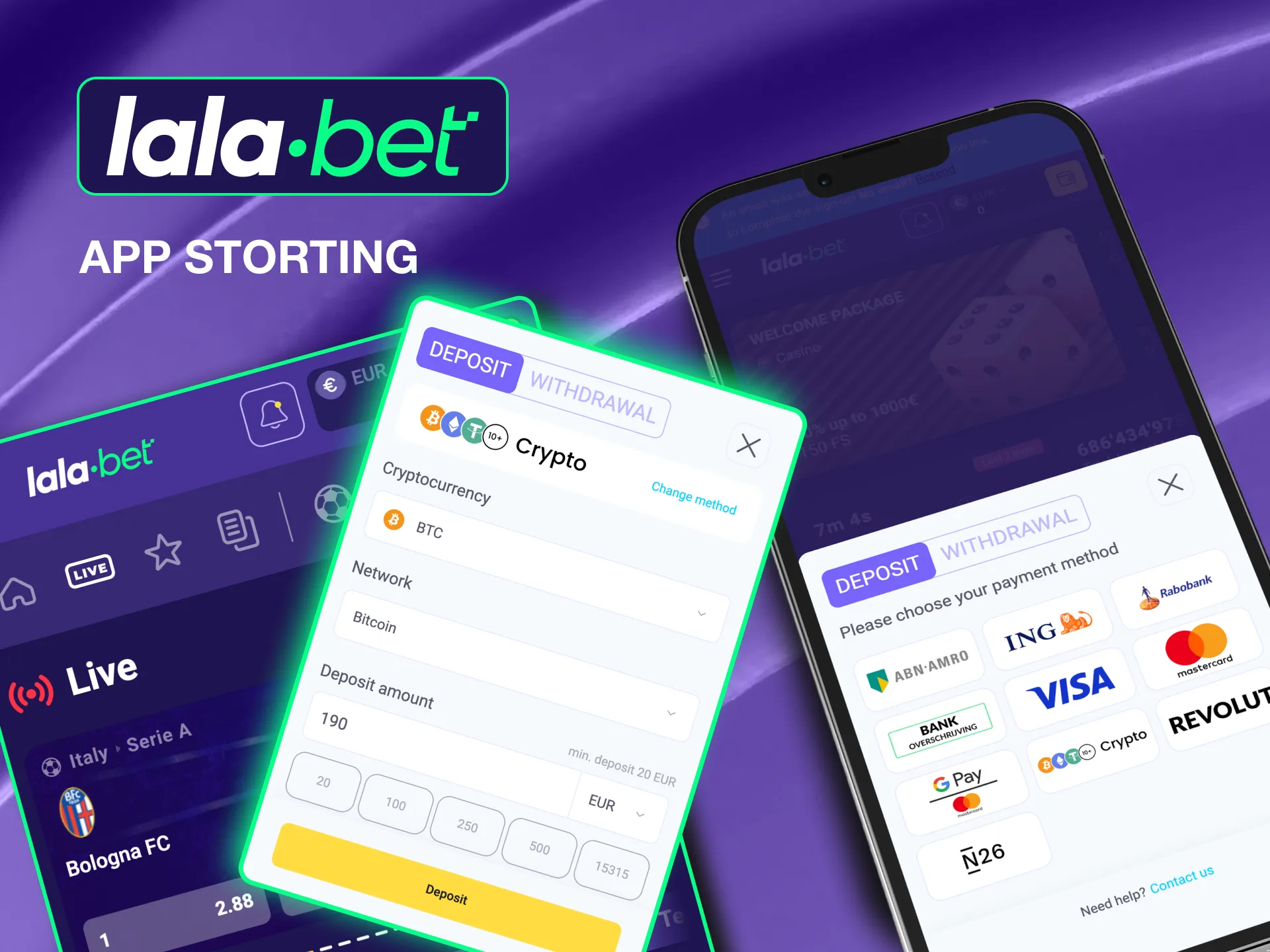 Easily make cryptocurrency deposits on Lalabet’s app using the online deposit cashier feature.