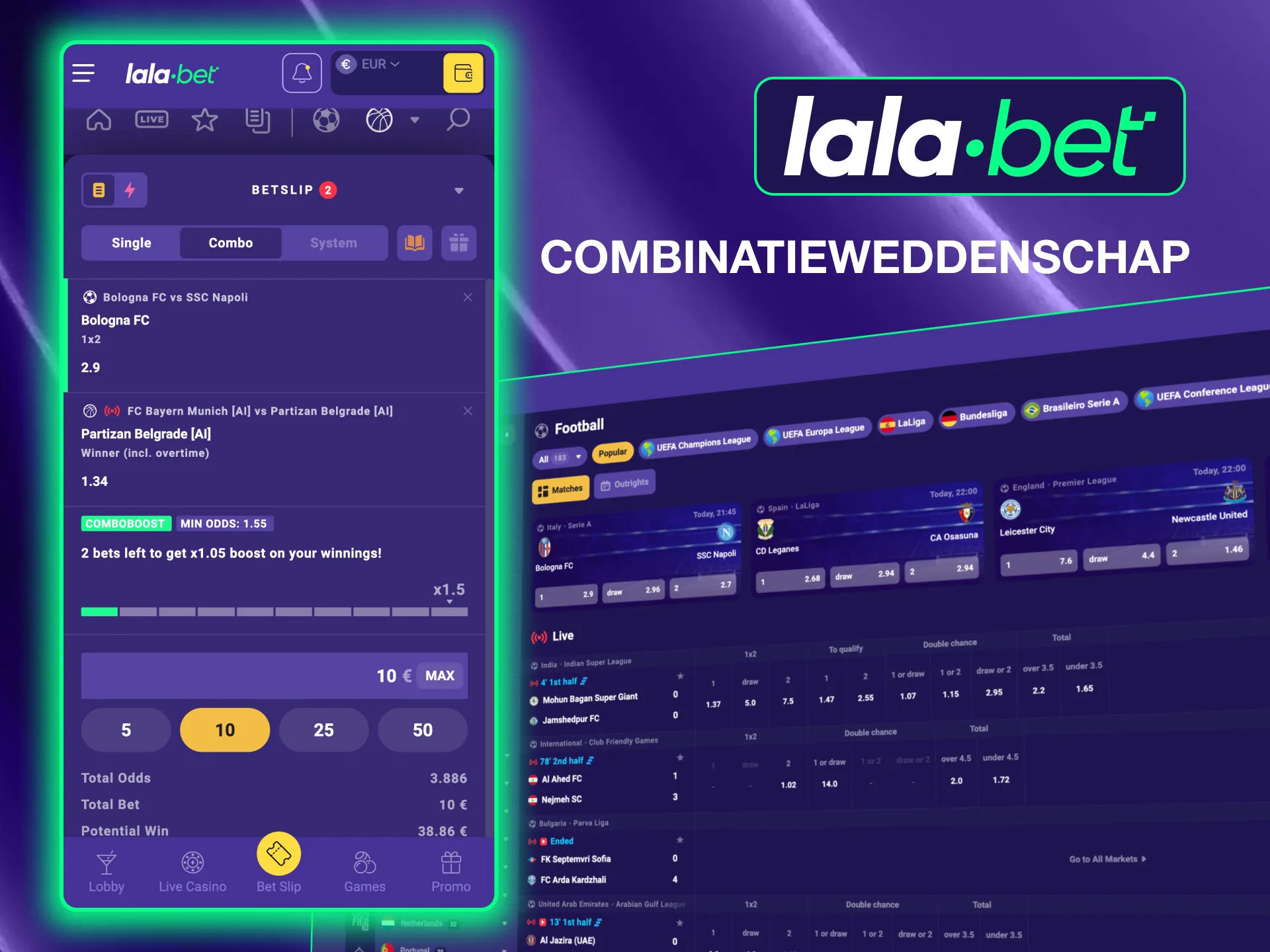Combine multiple wagers with Lalabet's Combo Bet for higher payouts and greater risk.