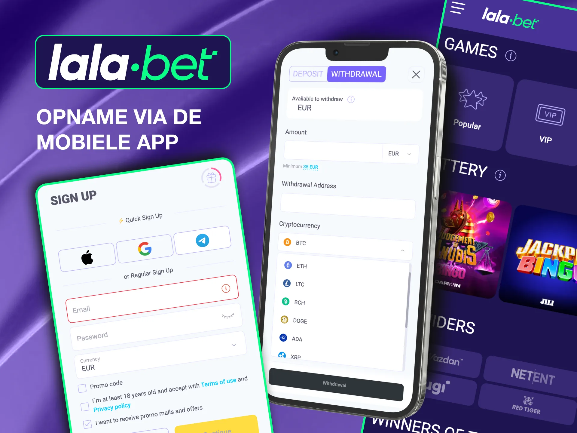 Lalabet app allows secure cryptocurrency withdrawals by entering details and confirming transactions.