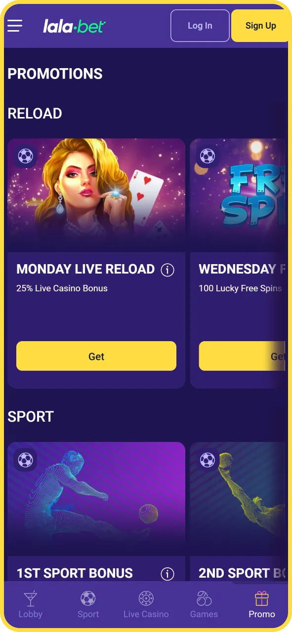 Bekijk de nieuwste mobiele promoties en bonussen van LalaBet officieel.