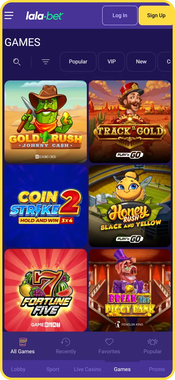 Speel alle mobiele casinospellen direct binnen de LalaBet officieel app.