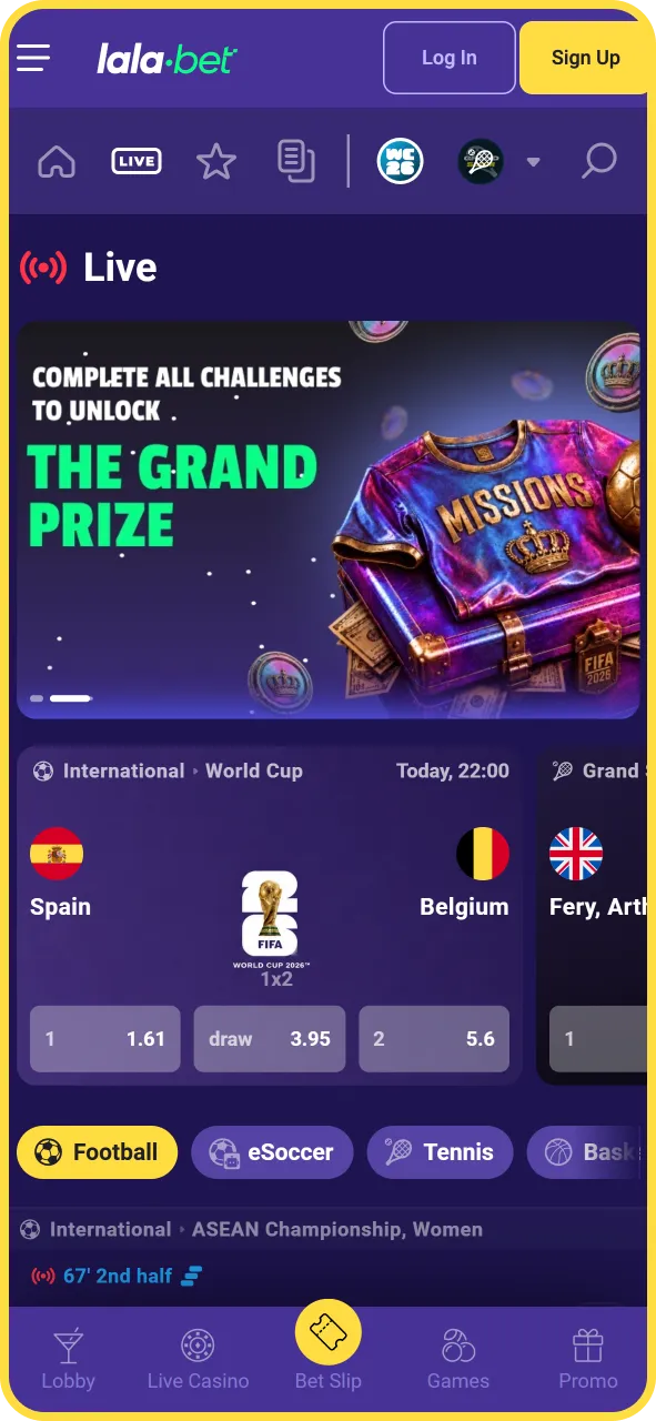 Plaats eenvoudig mobiele sportweddenschappen met hoge odds bij LalaBet officieel.