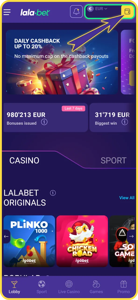Open de beveiligde kassa om op te waarderen op LalaBet officieel.