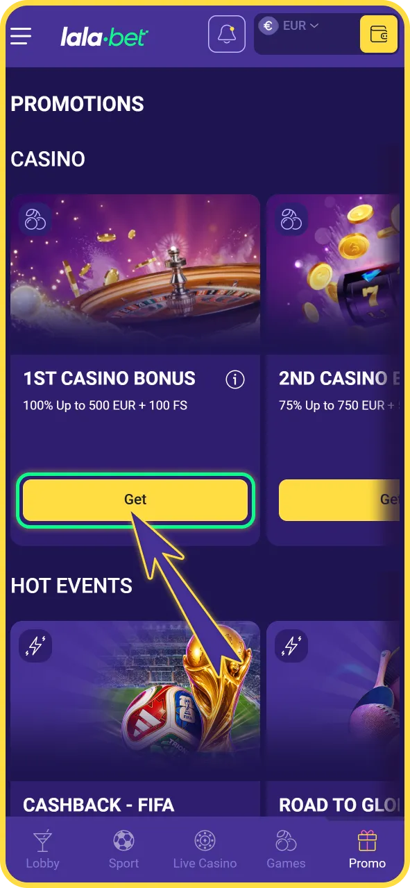 Claim direct jouw royale welkomstbonus in het dashboard van LalaBet officieel.