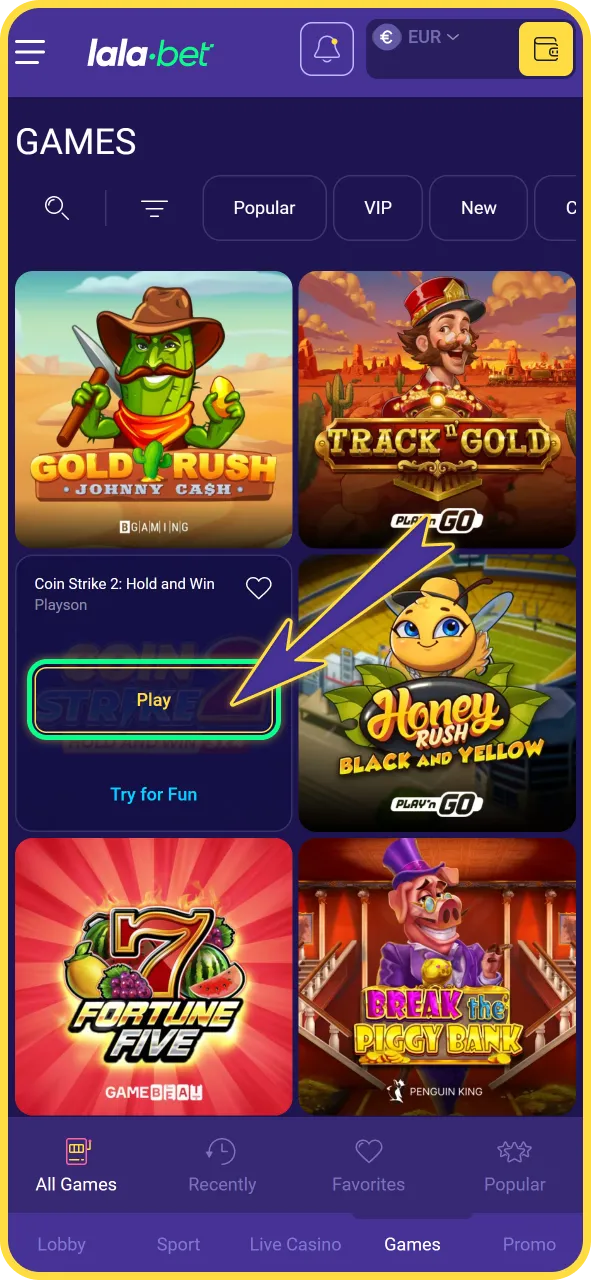 Selecteer je favoriete casinospel en begin direct op LalaBet officieel.
