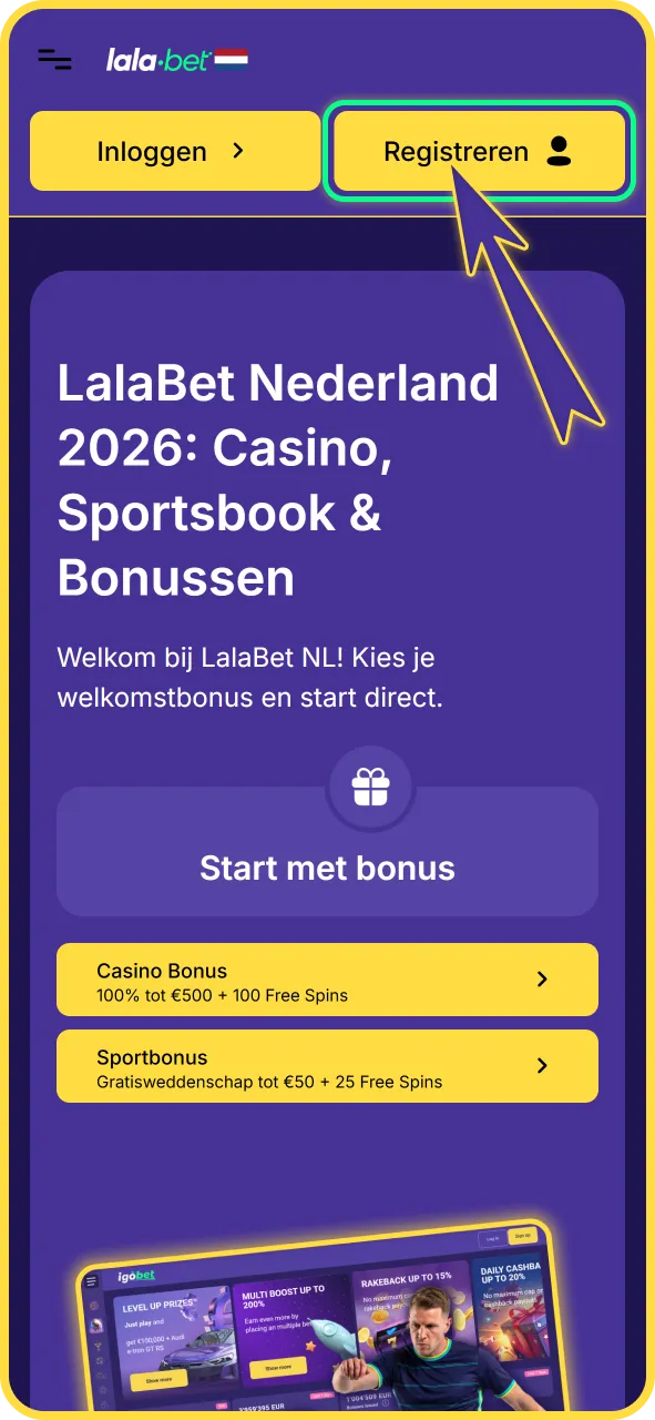Klik op de aanmeldknop om te registreren bij LalaBet officieel.
