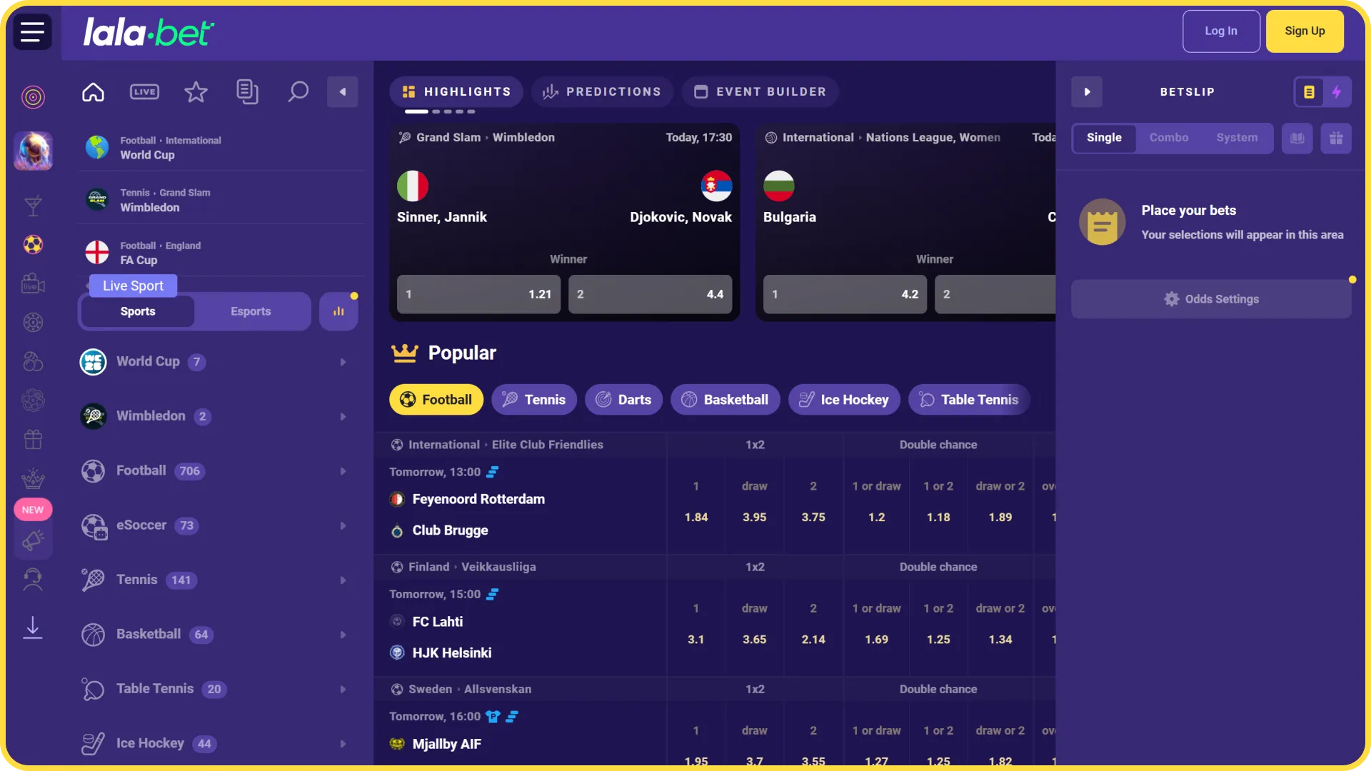 Plaats live sportweddenschappen met hoge odds op LalaBet officieel.