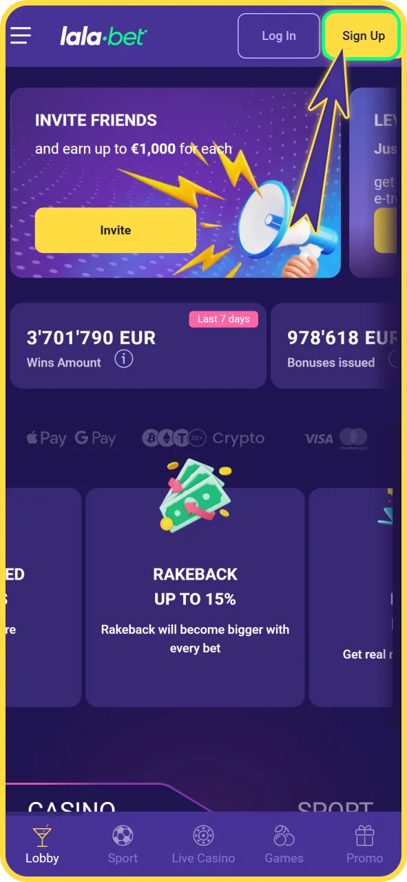 Klik op de knop om te registreren op LalaBet officieel.